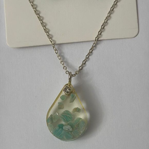 Green and Silver Resin & Stone Teardrop Earrings/Necklace Set - Picture 2 of 3